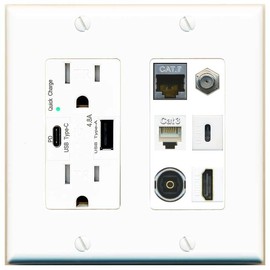 RiteAV Cat7 Coax HDMI Phone Toslink USB-C Wall Plate - USB A+C Charger Outlet [White]
