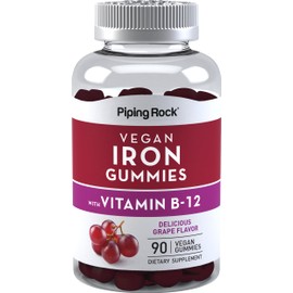 Iron Supplement Gummies | 90 Count | with Vitamin B-12 | Grape Flavor | Vegan Formula | Vegetarian, Non-GMO, Gluten Free | by Piping Rock