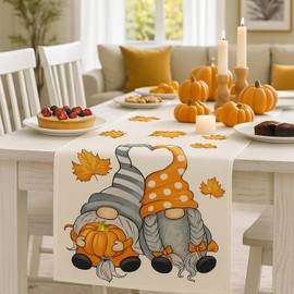 Autumn Table Runner, Autumn Decoration with Pumpkin and Maple Leaf Design, Christmas Decoration, Seasonal Table Decoration for Kitchen and Party, 140 x 40 cm