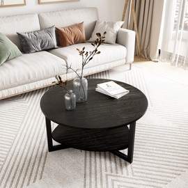 Round Wood Coffee Table with Storage Shelf, 35.3" Modern Industrail Circle Center Table, 2-Tier Large Farmhouse Cocktail Table with Metal Legs for Living Room, Brushed Black