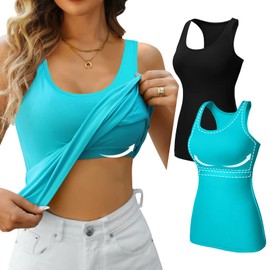 V FOR CITY Womens Tank with Built in Bra Cotton Racerback Cami Tanks Fitted Yoga Workout Tops 2 Pack Black/Aqua L