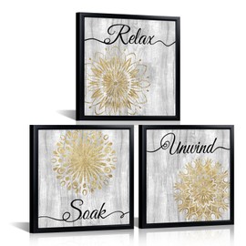 Black Framed Gold Grey Mandala Wall Art Lotus Flower Bathroom Relax Soak Unwind Quote Art Prints Artwork for Living Room, Bedroom, Office & Home Decor