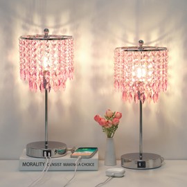 Boncoo Pink Crystal Lamps, Touch Control Crystal Table Lamp with Dual USB Charging Ports, 3 Way Dimmable Bedside Lamp Decorative Nightstand Lamp for Girls Bedroom, Living Room, B11 LED Bulb Included