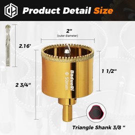 DaduoRi 2" (50mm) Serrated Diamond Hole Saw with 2Pcs Removable Pilot Bits, Easy-Align for Precise Drilling in Porcelain, Ceramic Tile, Granite, and Marble