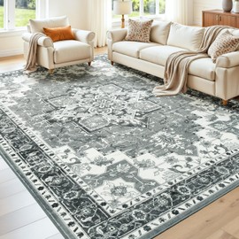 Carpelux 9x12 Area Rugs for Living Room, Machine Washable Non Slip Carpet, Large Vintage Floral Aesthetic Rug, Bedroom Decor, Ash Grey