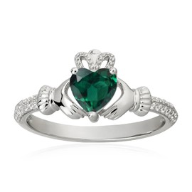 Heart Birthstone Claddagh Ring 925 Sterling Silver 6MM Heart-Shaped Created Emerald Rings Irish Jewelry Good Luck for Women Size 6