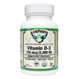 AlchePharma Vitamin D3 (5,000 IU - 125 mcg) Certified Organic, Chemically-Identical to cholecalciferol of Animal-Origin - Vegan, Kosher, Halal (60 Tablets)