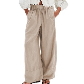 SeeLuNa Linen Pants for Women Cotton Baggy Boho Casual Palazzo Pants Wide Leg Long Lounge Trousers with Pockets(Khaki, M)