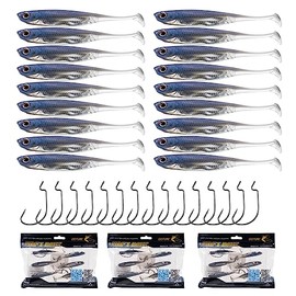 Goture Soft Plastic Baits with Worm Hooks Kit 33pcs, Paddle Tail Swimbaits, Fishing Drop Shot Shad Lures, Soft Jerk Shad Baits Jerkbait Minnow Baits for Bass Trout Blue 3.14in