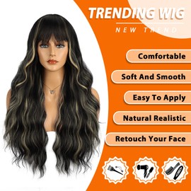 Vomella Black Mix Blonde Wig With Bangs 26 Inch Long Curly Wavy Wig for Women Natural Looking Synthetic Heat Resistant Wig for Daily Party Use