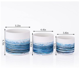 KingZiYu White Ceramic Plant Pots 5.1+4.3+3.7 inch Hand-Painted Small Flower Pot Set of 3 Planters with Drainage Hole and Plug Used for Indoor Plants and Other Outdoor Garden-Blue
