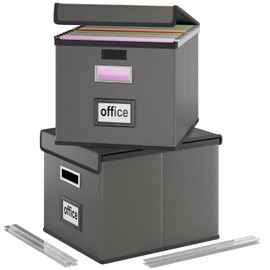 Huolewa File Organizer Boxes with Lids, Collapsible Faux Leather Hanging File Folder Box Organizer with Plastic Slide, Decorative Home/Office Filing System Boxes for File and Folders Storage