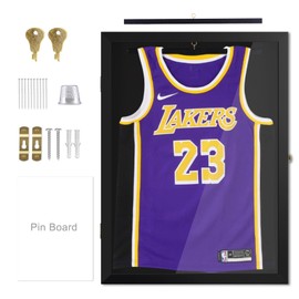 4 THOUGHT Jersey Frame Display Case Large Lockable Jersey Shadow Box Sport Shirt Display Frame with 98% UV Protection Acrylic Door and Hanger for Football Hockey Basketball Baseball Shirt, Black