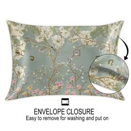 Envelope Closure Satin Pillowcase for Hair and Skin Silk Pillowcase Standard Size Spring Peach Blossom Flower Pattern Pillow Cases Cooling Satin Pillow Covers