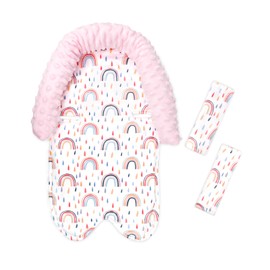 Baby Head Support and Strap Cover for Car Seat, Mink Infant Carseat Headrest for Girls, Newborn Car Seat Insert Cushion for Strollers, Rainbow