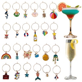 Qocuzax 24Pcs Wine Glass Charms & Markers - Reusable Identifier Tags for Stem Glasses - Funny Non-Scratch Charms for Summer Beach, Christmas & Wine Party