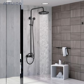 Airuida Exterior Shower Fixture Oil Rubbed Bronze Brass Exposed Pipe Shower System Single handle 8 Inch Rainfall Shower Head Solid Copper Diverter Dual Functions Shower Faucet Combo Set