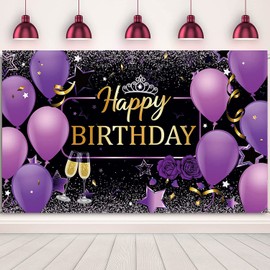 Purple Happy Birthday Banner Purple Party Backdrop Purple Happy Birthday Decorations for Women Girls Birthday Photo Background 72.8 x 43.3 Inch