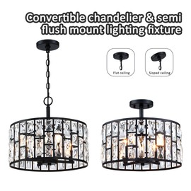 Farmhouse Crystal Convertible Chandelier and Semi Flush Mount Lighting Black Cylinder Drum Shade Pendant for Kitchen Island Dining Room Bedroom Hallway
