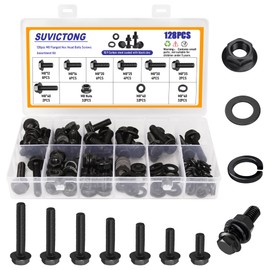 128 Pcs M8 Black Flange Hex Head Bolts Assortment Kit with Serrated Flange Nuts,Washers & Lock Spring Washers,M8-1.25x12/16/20/25/30/35/40mm Hex Head Screw,Carbon Steel Full Thread DIN 6921