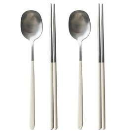 304 Stainless Steel durable Lightweight Korean-style Beautiful Cutlery Spoon and Chopsticks Set Scratch Resistant 2Pieces (Ivory+Ivory)