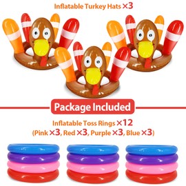 3 Pack Thanksgiving Ring Toss Games Toys for Kids Thanksgiving Inflatable Turkey Hat Toss Games Thanksgiving Family School Party Favors Supplies Indoor Outdoor Party Game(3 Turkey Hats, 12 Rings)
