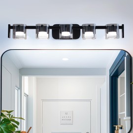 TYhogar Industrial Bathroom Vanity Light｜5-Light Shadow-Free Makeup｜IP44 Water & Fog Proof｜Dimmable 3CCT for Day/Night｜Matte Black & Glass for 32" Mirrors