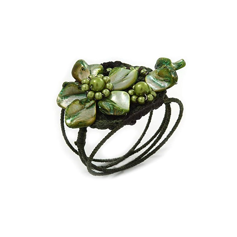 Avalaya Olive/Green Shell Bead Flower Wired Flex Bracelet - Adjustable