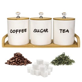 EQEY Coffee Tea Sugar Container Set of 3,Farmhouse Storage Containers Jars,Airtight Ceramic Kitchen Canister Set with Bamboo Lids for Kitchen Counter Dining Room (Ceramic, 1)