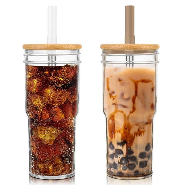 Luxgola 24oz Glasses Tumbler with Bamboo Lid,2 Pack Wide Mouth