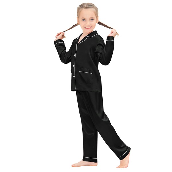 SWOMOG Silk Kid pj Set Girls Boys Satin Pajamas Set with 2 Pockets Long Sleeve Sleepwear Button-up Lounge Sets Nightwear Black