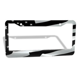 Black American Flag License Plate Frame - Patriotic Fluttering Stars & Stripes Design License Plate Holder，Aluminum Metal Front/Rear Car Tag Cover with Screws，Decorative for US Vehicles for Women Men
