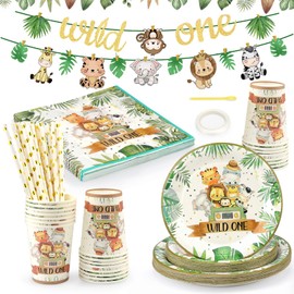 Jungle Safari Party Tableware for 25 Guests, Jungle Birthday Decoration, Safari Party Tableware, Wild One Birthday Decoration, Includes Garlands for Children's Birthday Decoration, Boys and Girls