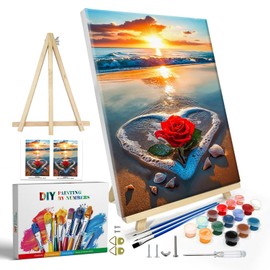 JOOZ Paint by Numbers Kit for Adults with Frame, Beach Sunset Paint by Number with Easel, DIY Beach Rose Oil Painting by Number, Easy Adult Paint by Number Kits on Canvas for Wall Decor 8 x 12 Inch