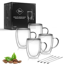 LIBWYS 4 Pack Double Walled Coffee Cups Glasses Mugs 12oz, Espresso Cappuccino Latte Tea Cups with Handle, Heat Resistant Borosilicate Clear Glasses 350ml