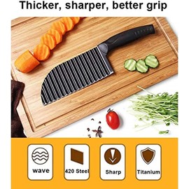 Crinkle Potato Cutter 2.9" x 11.8" Stainless Steel Waves French Fries Slicer Handheld Chipper Chopper, Vegetable Salad Chopping Knife Home Kitchen Wavy Blade Cutting Tool, Black
