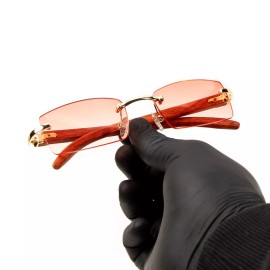 Unbranded Pink Tint Gold Frame Men's Women's Rimless Woodgrain Frameless Sunglasses