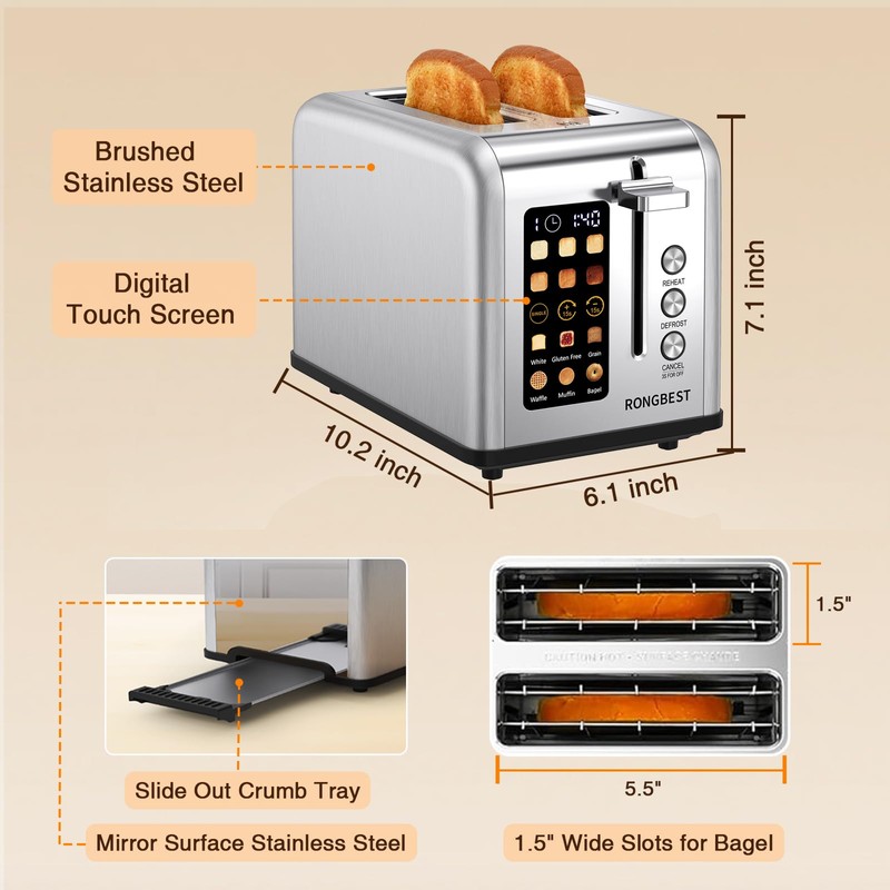2 Slice Touch Screen Toaster with Wide Slots Stainless Steel