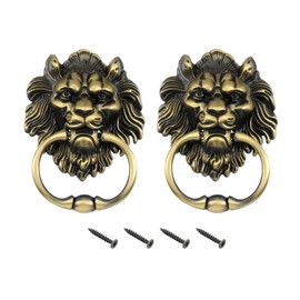 sourcing map 2 Pcs Lion Head Pulls Knob, 6 Inch Zinc Alloy Vintage Lion Door Handle Decorative Front Door Knob Ring Pull Handle for Gate Cabinets Drawers, Bronze