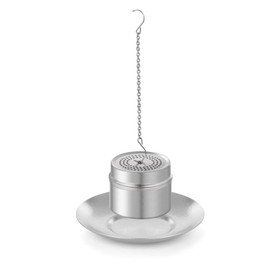 ZING TTI - Bola de infusor de té de titanio puro (1 unidad) para té de hojas sueltas y especias, con gancho de cadena extendido de 4.7 pulgadas, mini bandeja de goteo - Accesorios de té