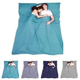 Srvillg Double Sleeping Bag Liner, 180cm x 210 cm Large Camping Sleeping Bag Liners, Portable Lightweight Travel Sheet Liner with Pillow Slot for Business Trip, Hotels (Blue, 180cm x 210 cm)