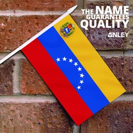 Anley Venezuela Mini Flag 12 Pack - Banderas venezolanas en miniatura pequeñas de mano en palo - Colores vivos y resistentes a la decoloración - 5 x 8 pulgadas con poste sólido y parte superior de lanza