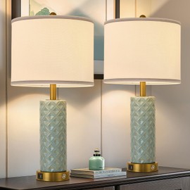 bdayanx Set of 2 Table Lamp for Living Room Bedroom Farmhouse,26'' Touch Control Bedroom Spa Blue Ceramic Lamps 3-Way Dimmable Bedside Lamps with USB A+C Ports Linen Shade for Home