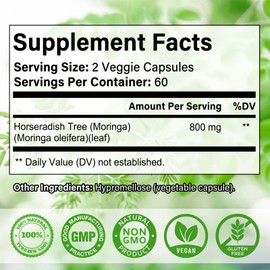Moringa Powder Capsules, Pure Moringa Leaf Natural Green Antioxidant Superfood, High Potency Nutrient for Energy, Skin Health, Gut Health Supports, 240 Vegan Capsules