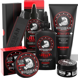 Bossman Complete Beard Kit – Men's Beard Oil Jelly, Fortifying Shower Conditioner, Balm, Mustache Wax & Comb – Beard Softener & Grooming Care (Hammer Scent)