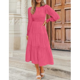 ZESICA Women's 2024 Casual Long Sleeve Crew Neck High Waist Smocked Flowy Tiered Midi Dress,HotPink,Large