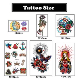 PUSNMI Vintage Temporary Tattoo for Men Women Flower Butterfly Realistic Waterproof Temporary Tattoos Sun Moon Poker Pigeon Custom Traditional Tattoo Old School Stickers for Arm Hand Foot Party Club