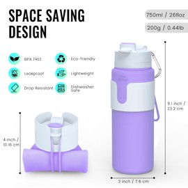Nefeeko Collapsible Water Bottle, BPA Free 26oz Foldable Water Bottle for Travel Sports, Leak-Proof Spill-Proof Portable Water Bottles with Carabiner, Lightweight (Purple)
