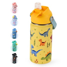 Kids Water Bottle 14oz with Silicone Straw Lid - Insulated Toddler Water Bottle Stainless Steel Keeps Cold 24H, Leak Proof & Dinosaur Prints Design | Custom Name Tag for School, Daycare, Travel