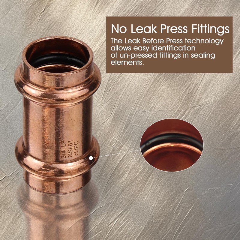 12PK Copper Press Fittings 3/4 inch Coupling with Stop Zero
